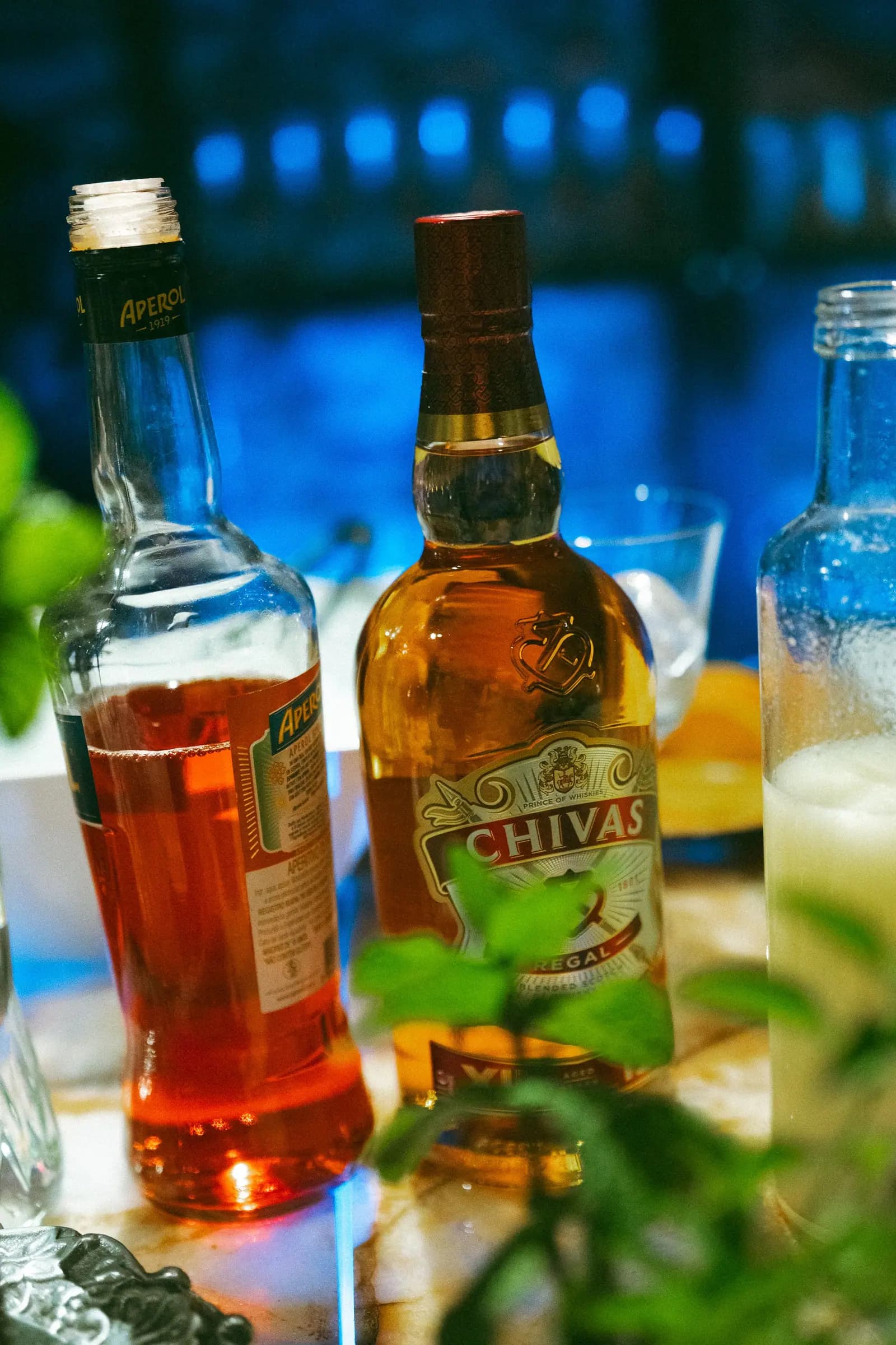 Garrafas de rum e whisky sobre a mesa, luz azulada de piscina ao fundo