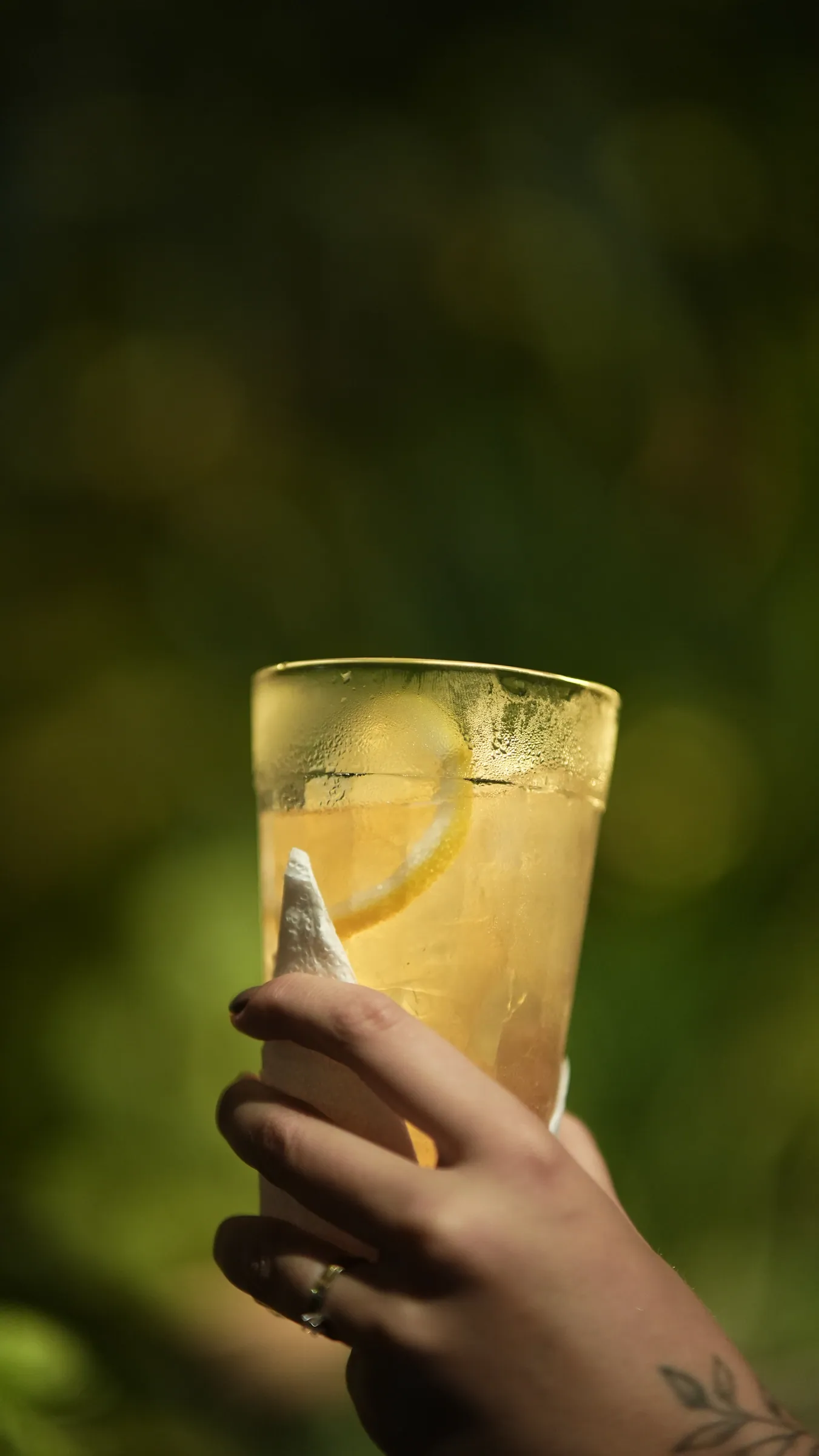 Mão segurando copo de drink dourado com limão, luz do fim de tarde entre folhas