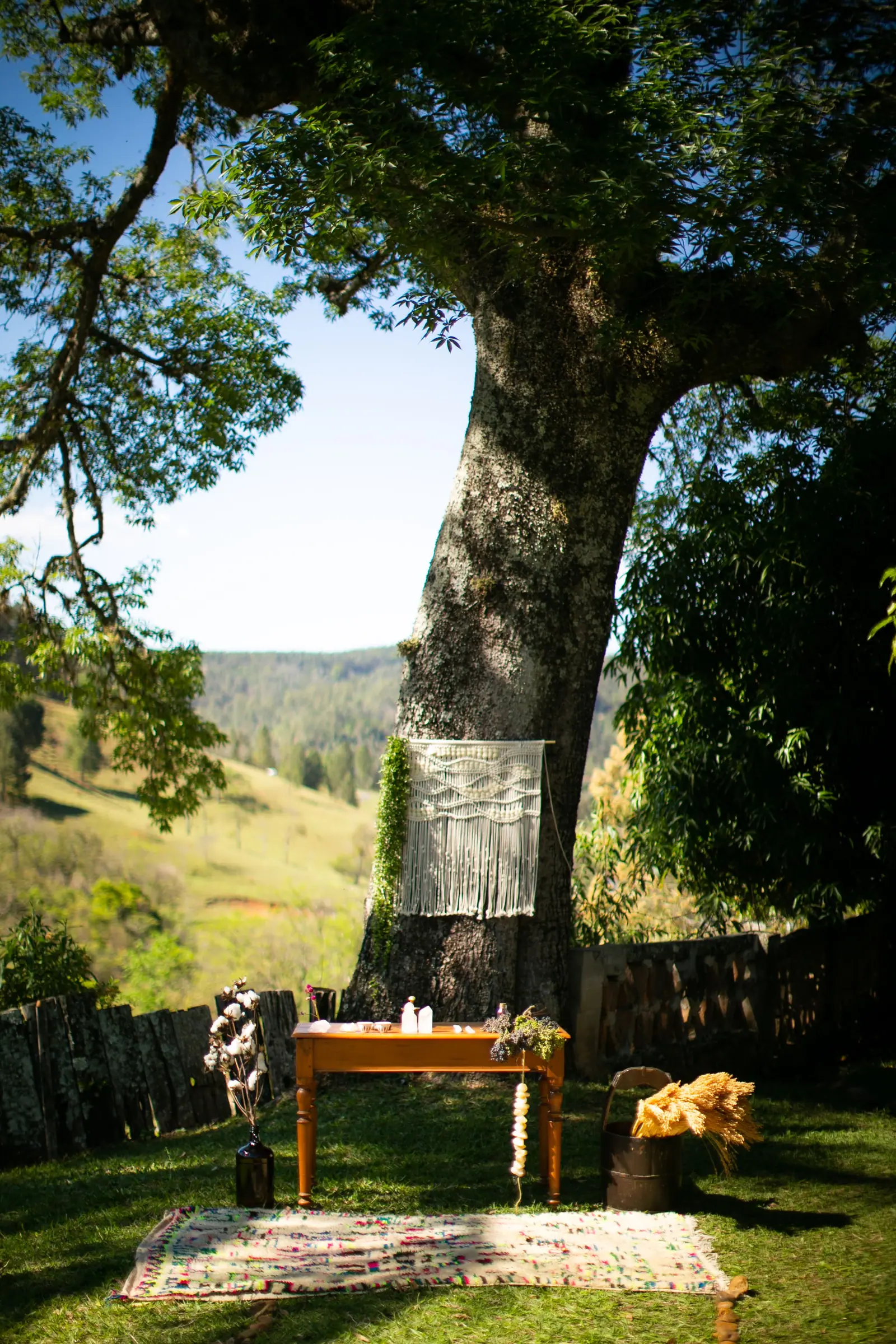 Altar de cerimônia montado sob uma árvore grande, com manta de macramê pendurada no tronco, mesa de madeira e vista para o vale da Fazenda Cósmica