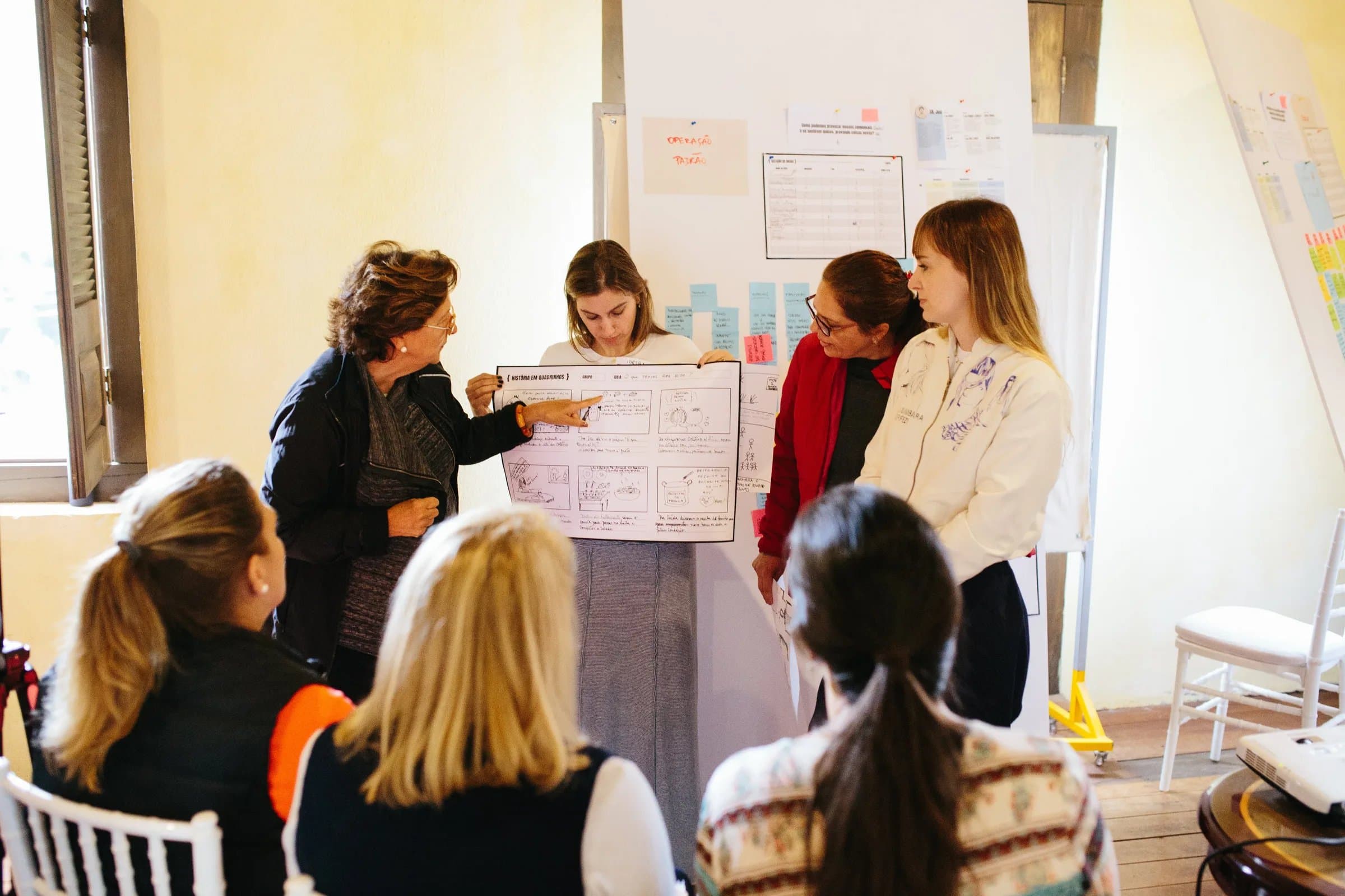 Apresentação de estudo de caso por grupo de quatro mulheres em treinamento na sala amarela da Fazenda Cósmica, plateia sentada acompanhando